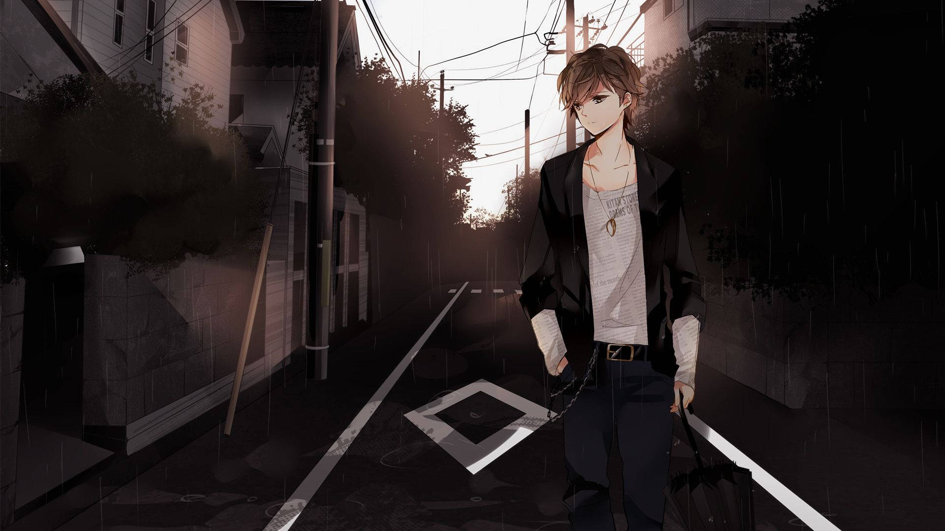 Koel anime-seun in donker stegie agtergrond — Anime seun Muurpapier
