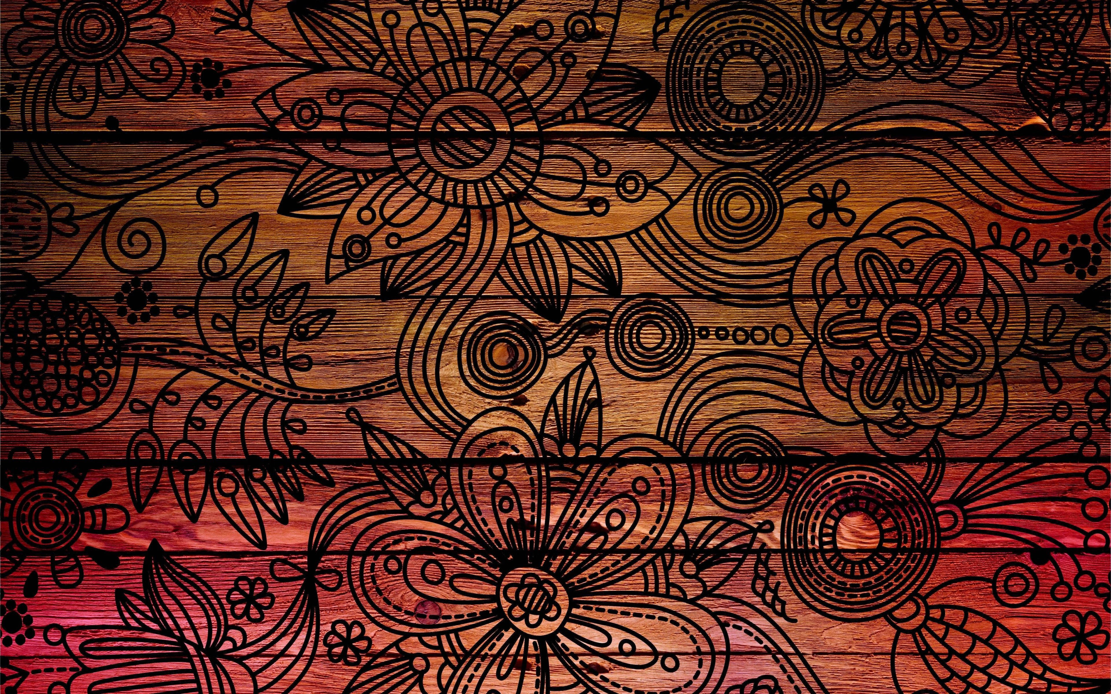 Koel Blompatroon op Hout Muurpapier