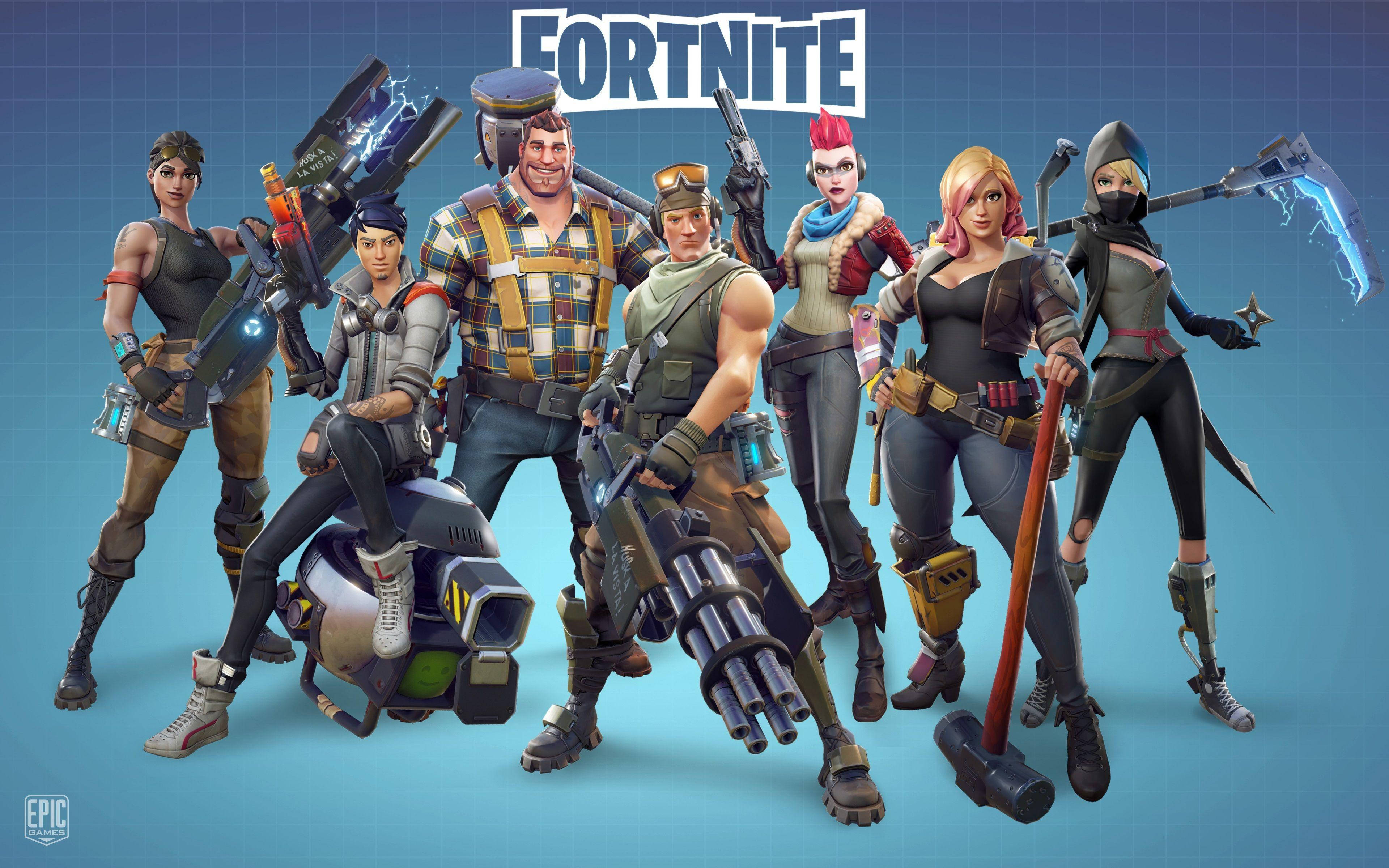 Koel Fortnite-vel met wapens blou estetika Muurpapier