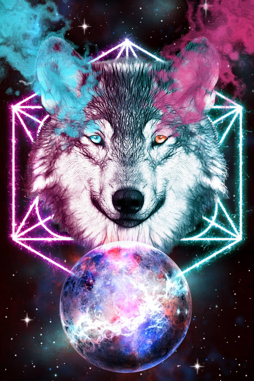 Koel Galaksi Pentagon met Rokerige Wolf Muurpapier