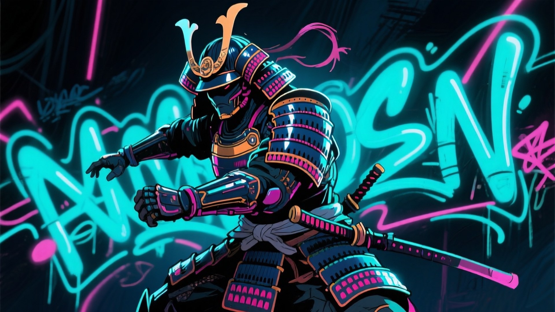 Koel Neon-Samoerai Tekening Muurpapier