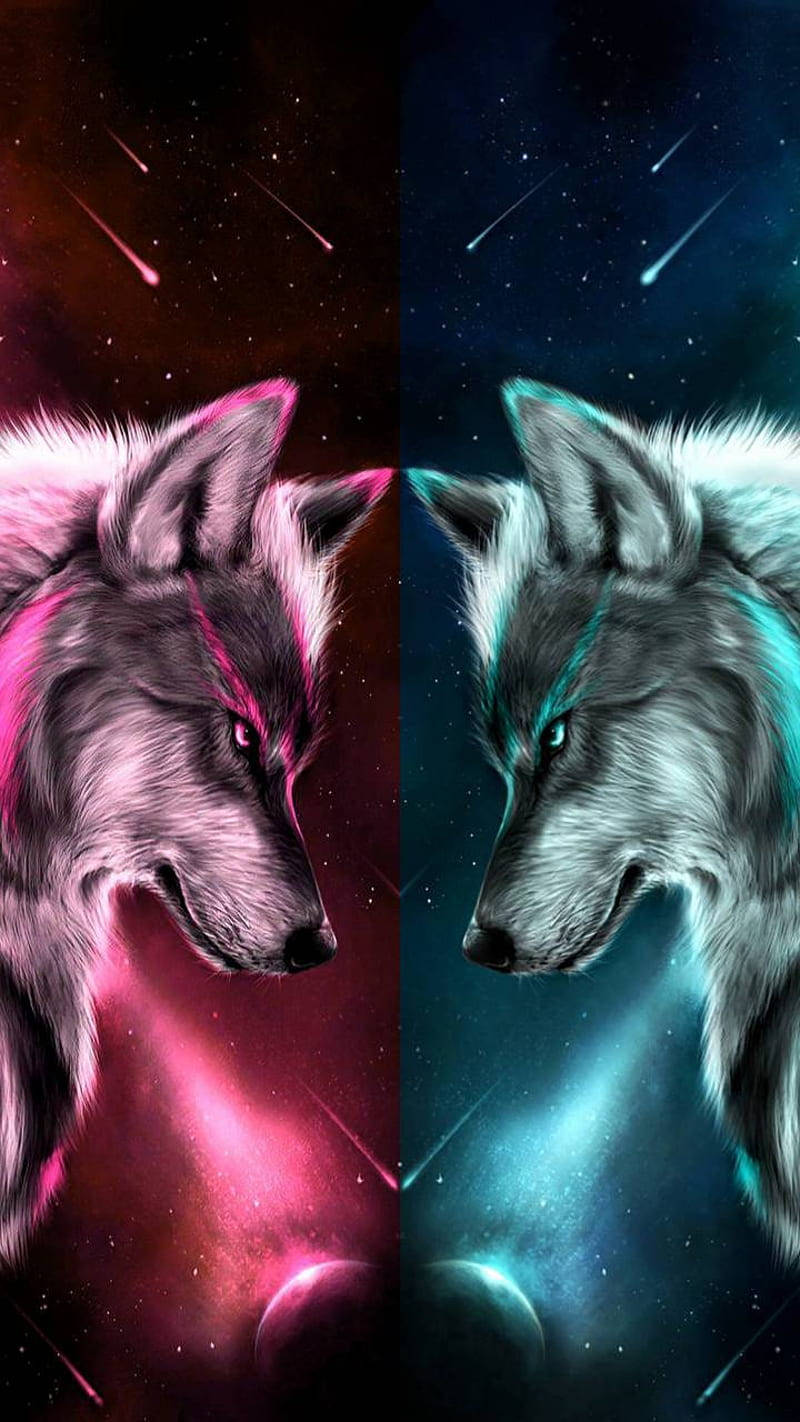 Koel Pienk en Blou Galaktiese Wolf Uitdaagstare Muurpapier