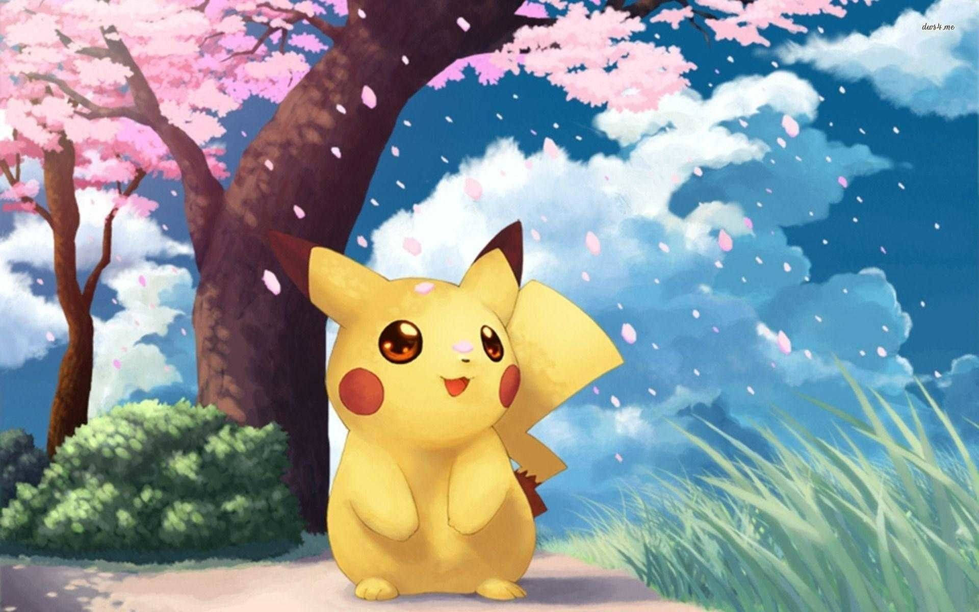 Koel Pokemon Pikachu Kersiebloeisel Muurpapier