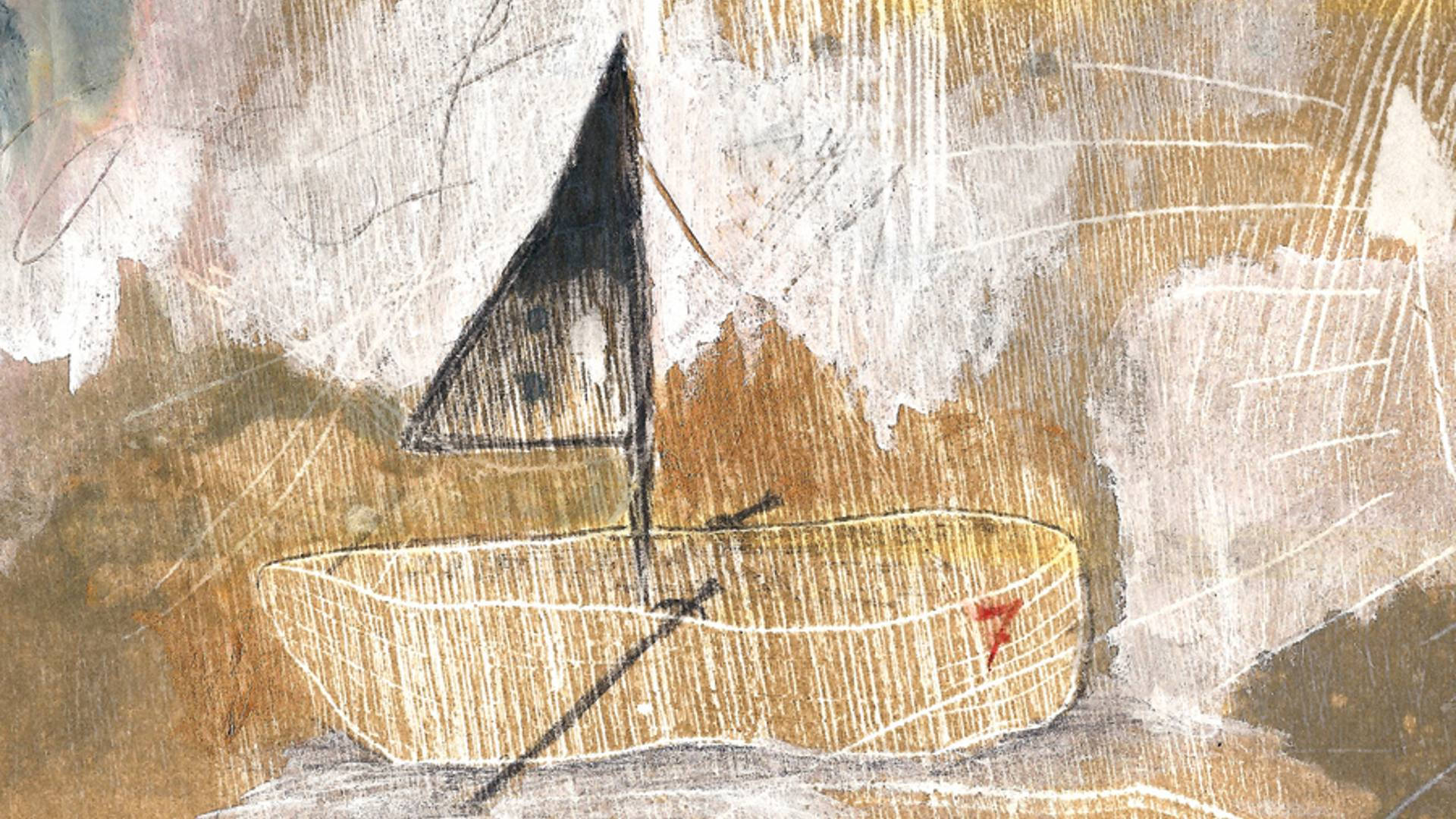 Koel Tekening van Gekerfde Boot Muurpapier