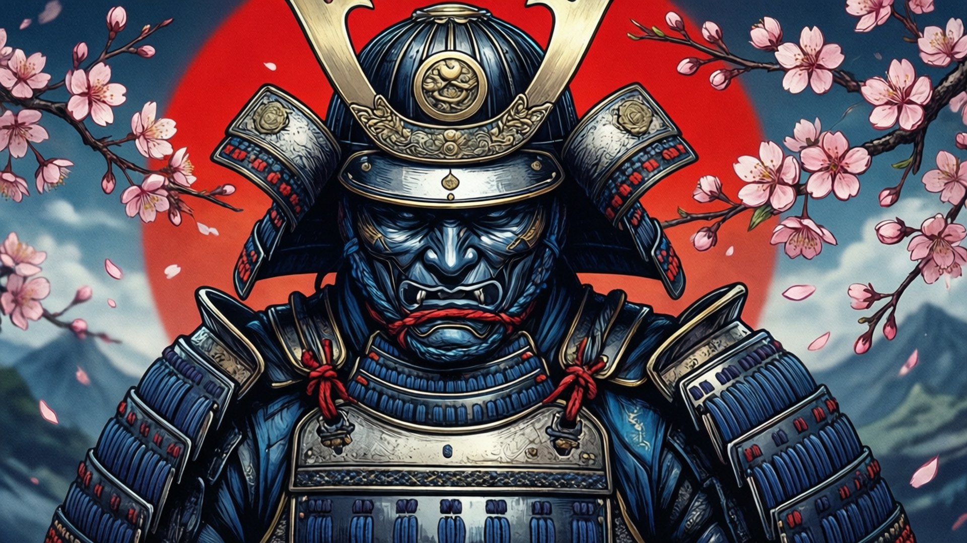 Koel Tekening van 'n Samurai met Bloeisels Muurpapier