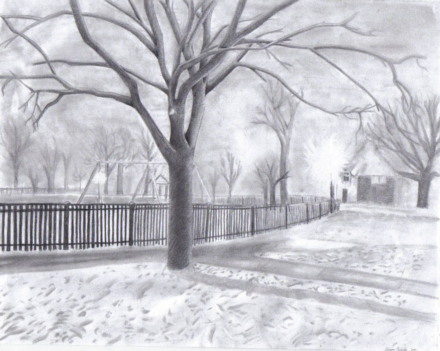 Koel Wintertoneel Tekening Muurpapier