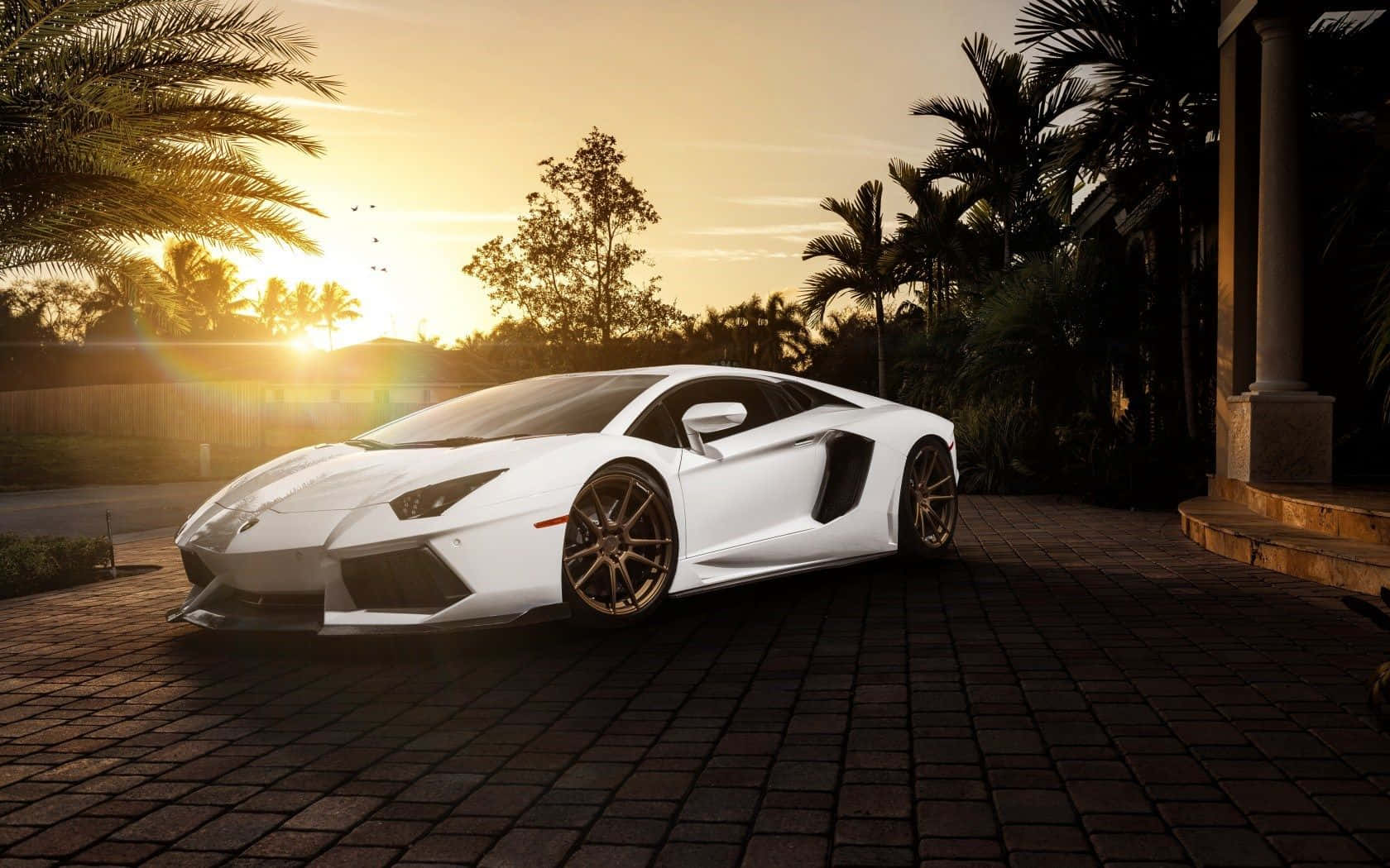 Koel Wit Lamborghini Aventador Teen Sonsondergang Muurpapier