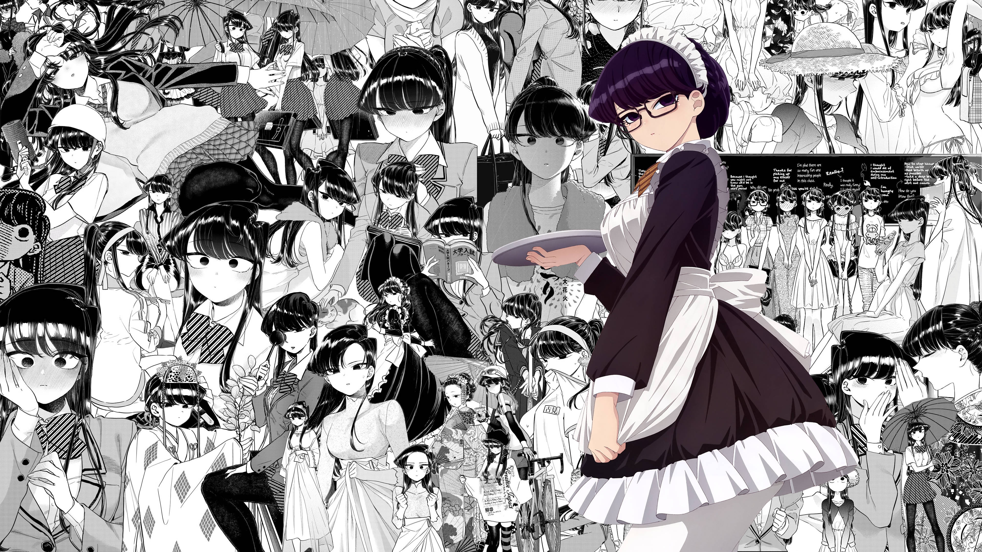 Komi San in Kafee Meid-uniform Collage Muurpapier