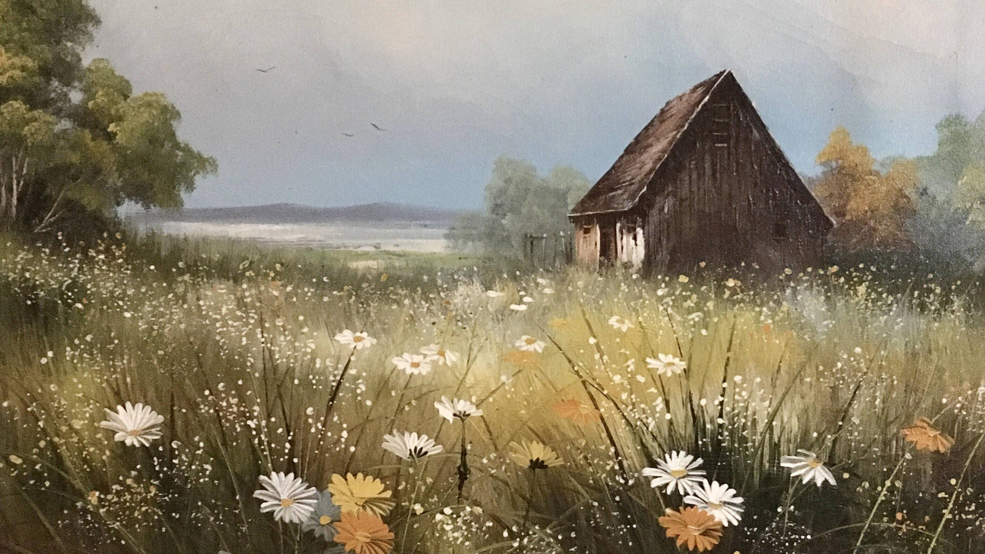 Kothuis en Blomme Cottagecore Bureaublad Muurpapier