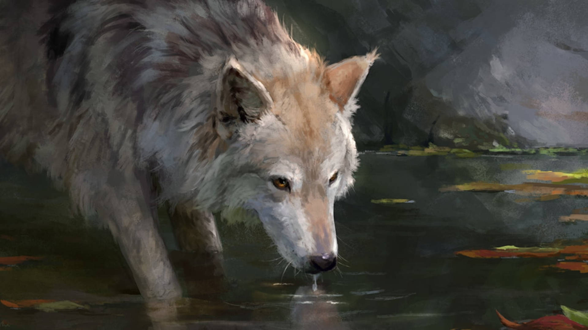 Kreatiewe Illustrasie van Wolf wat Water Drink Muurpapier