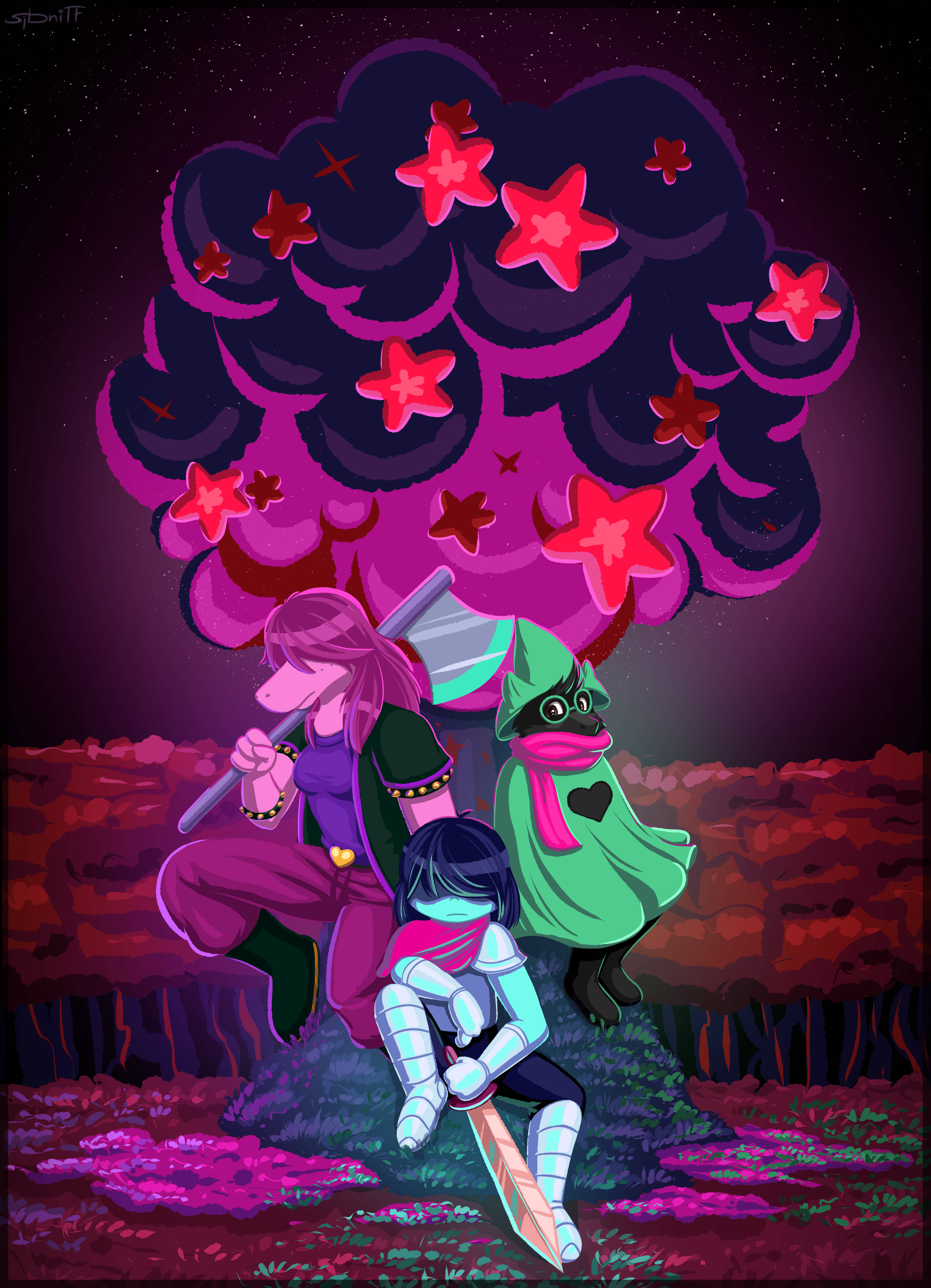 Kris, Susie en Ralsei van Deltarune in 'n naghemel Muurpapier