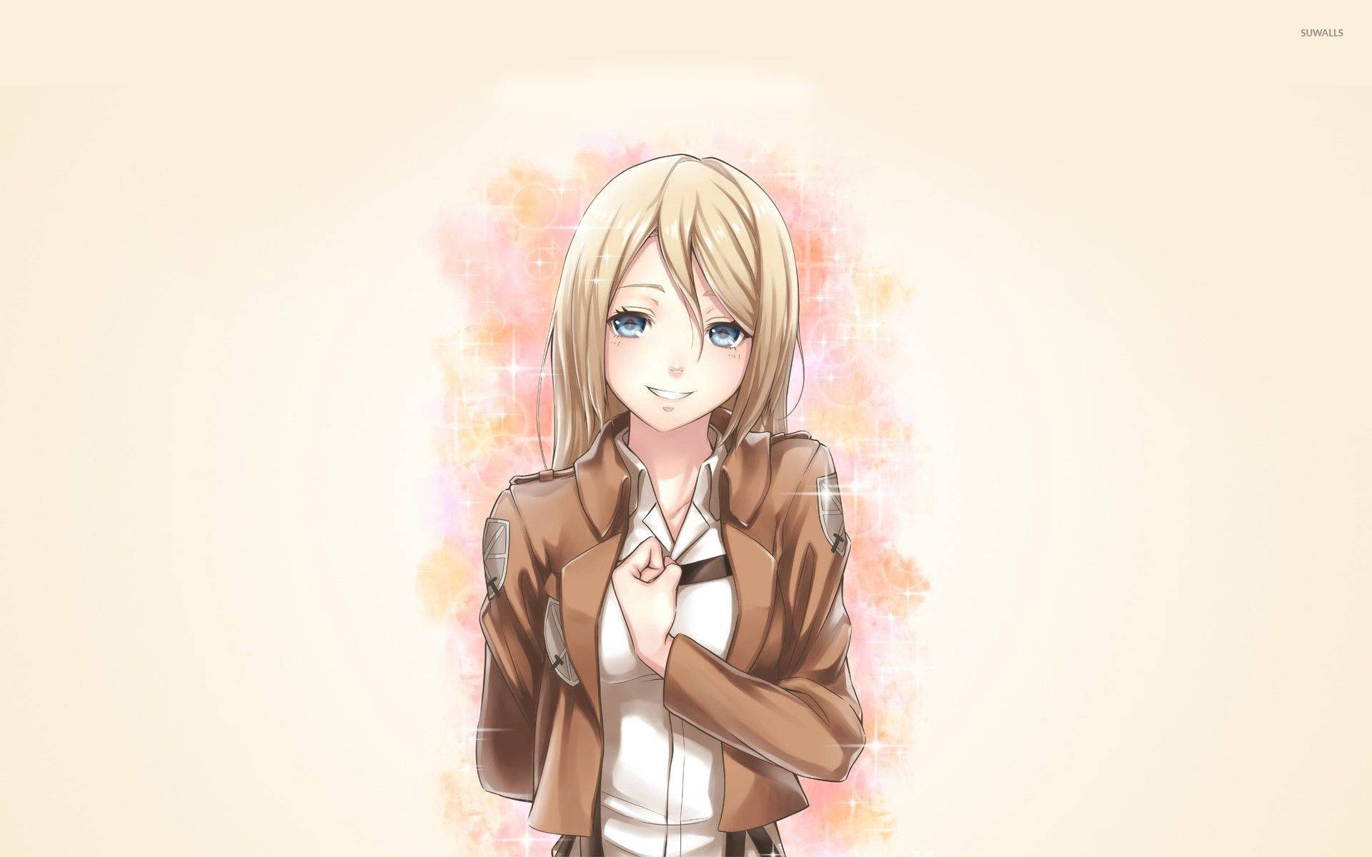 Krista Lenz Historia salueer te midde van 'n glinsterende pers agtergrond in Attack On Titan-agtergrond. — Attack On Titan Muurpapier