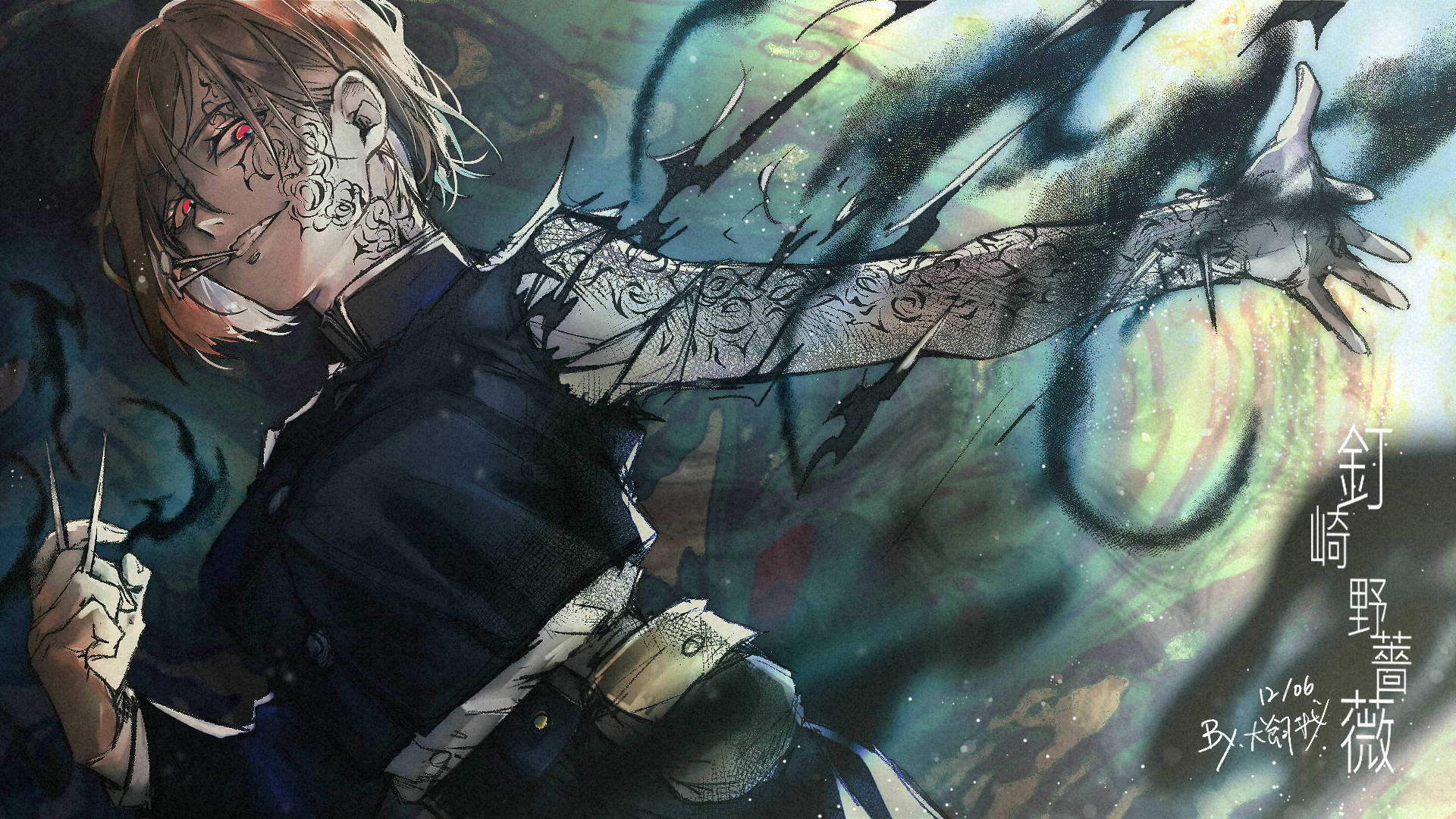 Nobara Kugisaki van Jujutsu Kaisen wat haar kragte gebruik agtergrond. — Jujutsu Kaisen Muurpapier