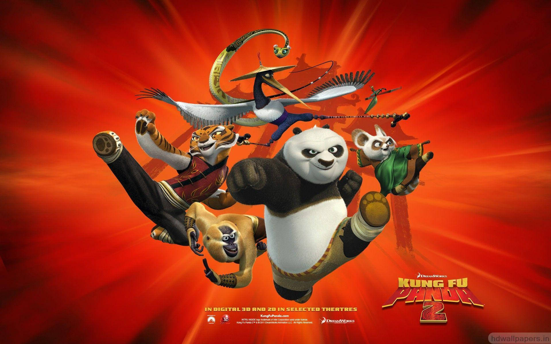 Kung Fu Panda wat saam met die Woedende Vyf spring Muurpapier