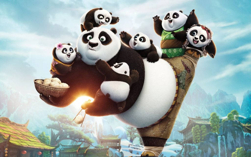Kung Fu Panda wat baie baba-pandas vashou Muurpapier