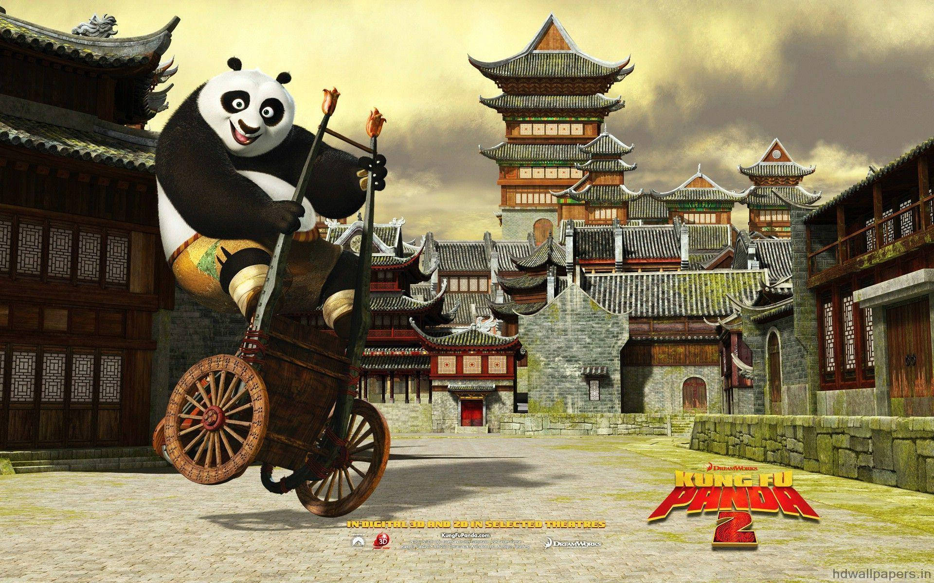 Kung Fu Panda wat op 'n Kruiwa Rondgly Muurpapier