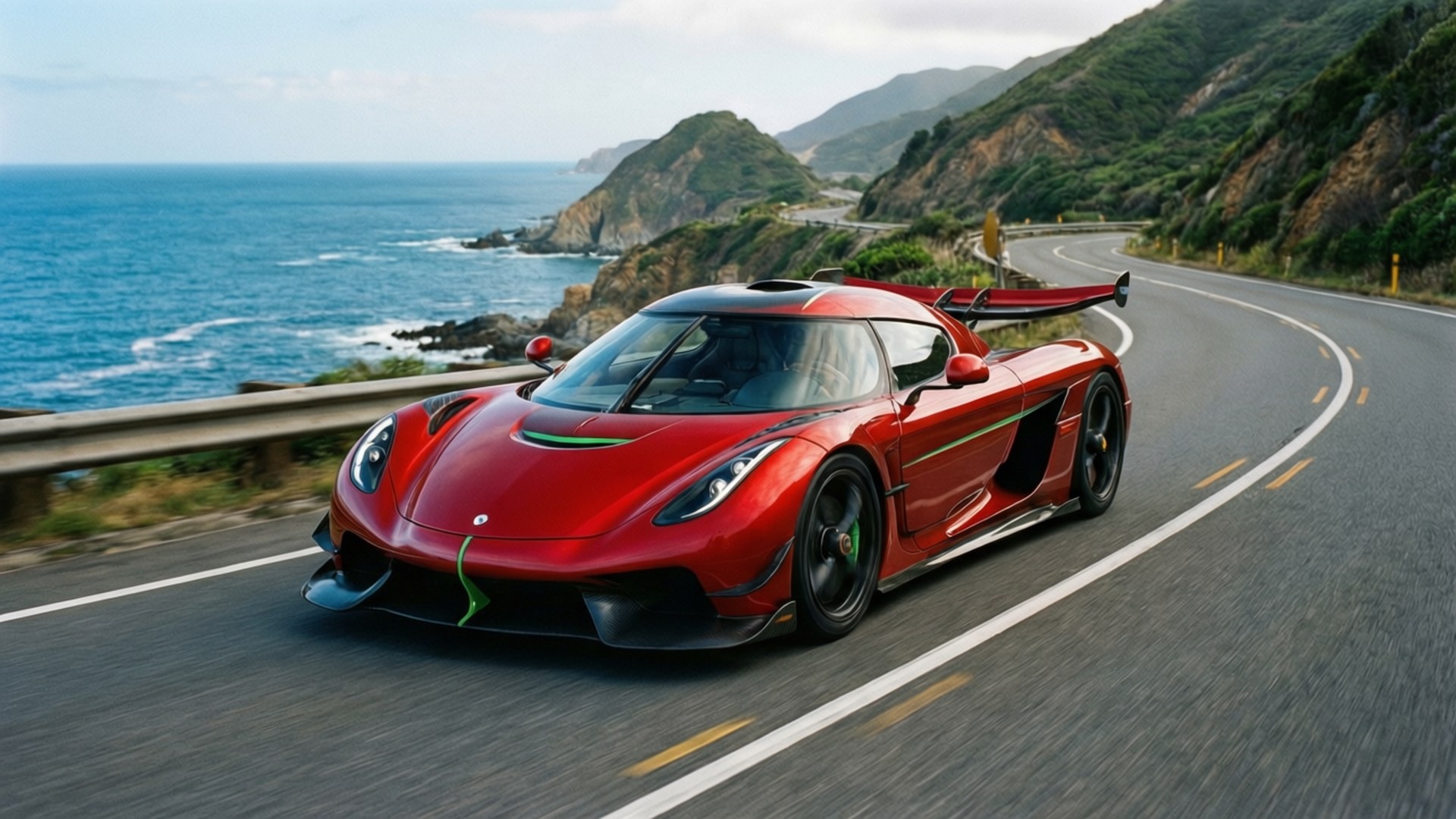 'n Rooi Koenigsegg Regera omhels 'n kusdraai met oseaan en heuwels. — Koel motors Muurpapier