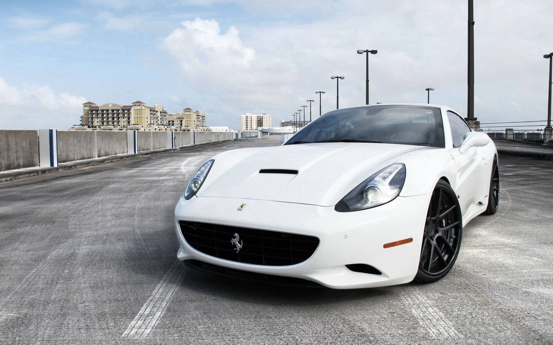 Wit Ferrari California geparkeer lessenaar agtergrond.