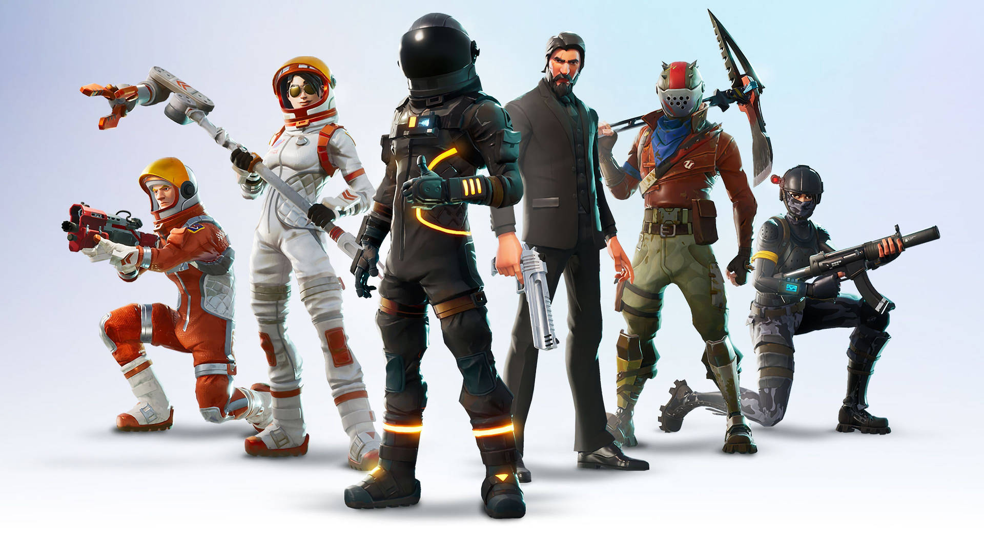 Ses koel karakters met fliekveldtogte wat poseer uit die speletjie Fortnite op 'n wit agtergrond HD-agtergrond.