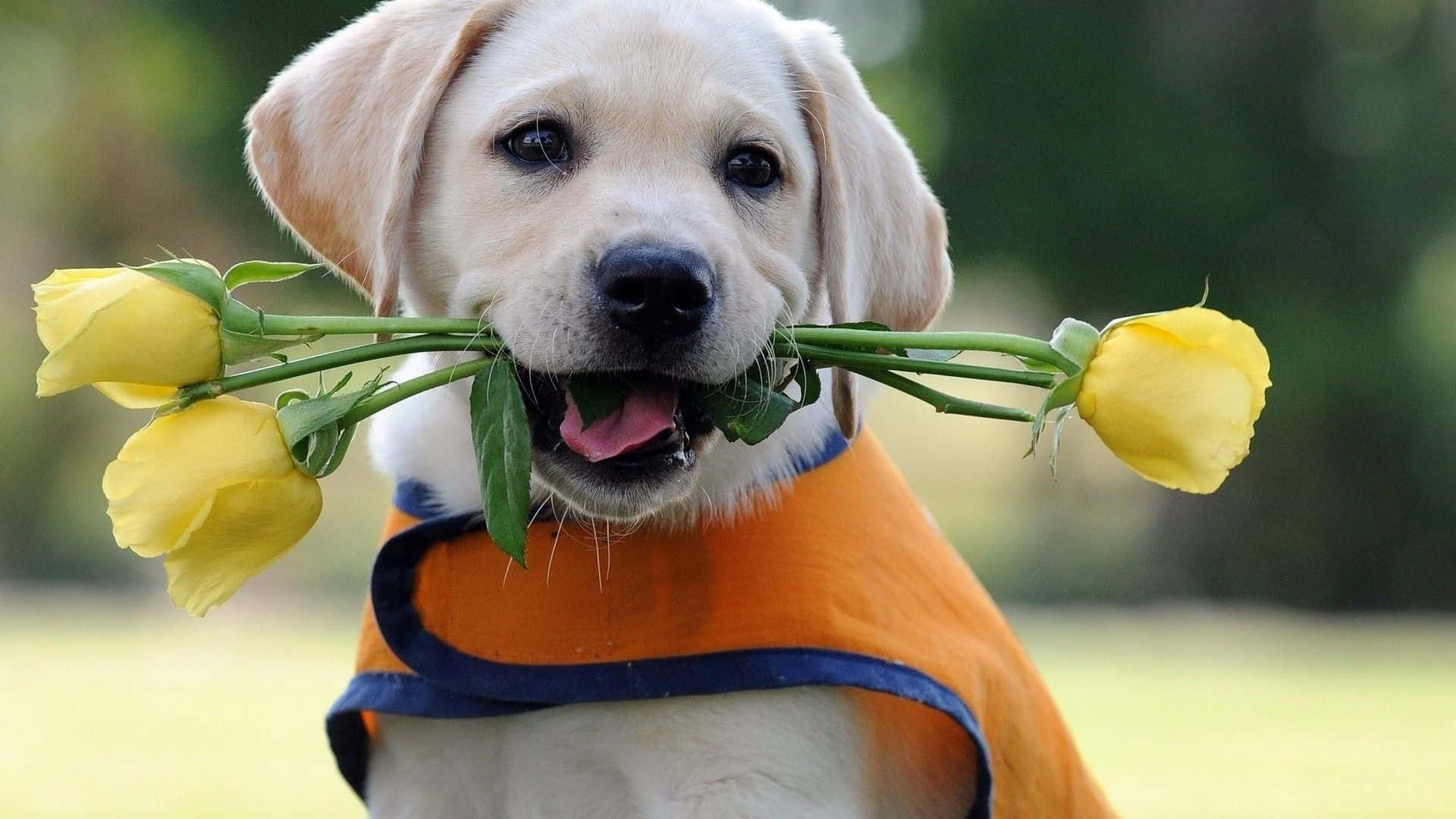Labrador Hondjie Met Geel Rose Prent Muurpapier