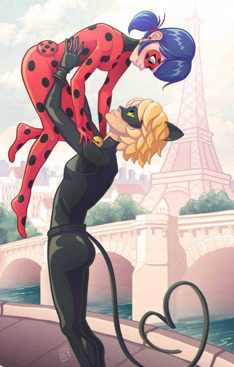 Ladybug en Cat Noir Soen in Parys Muurpapier