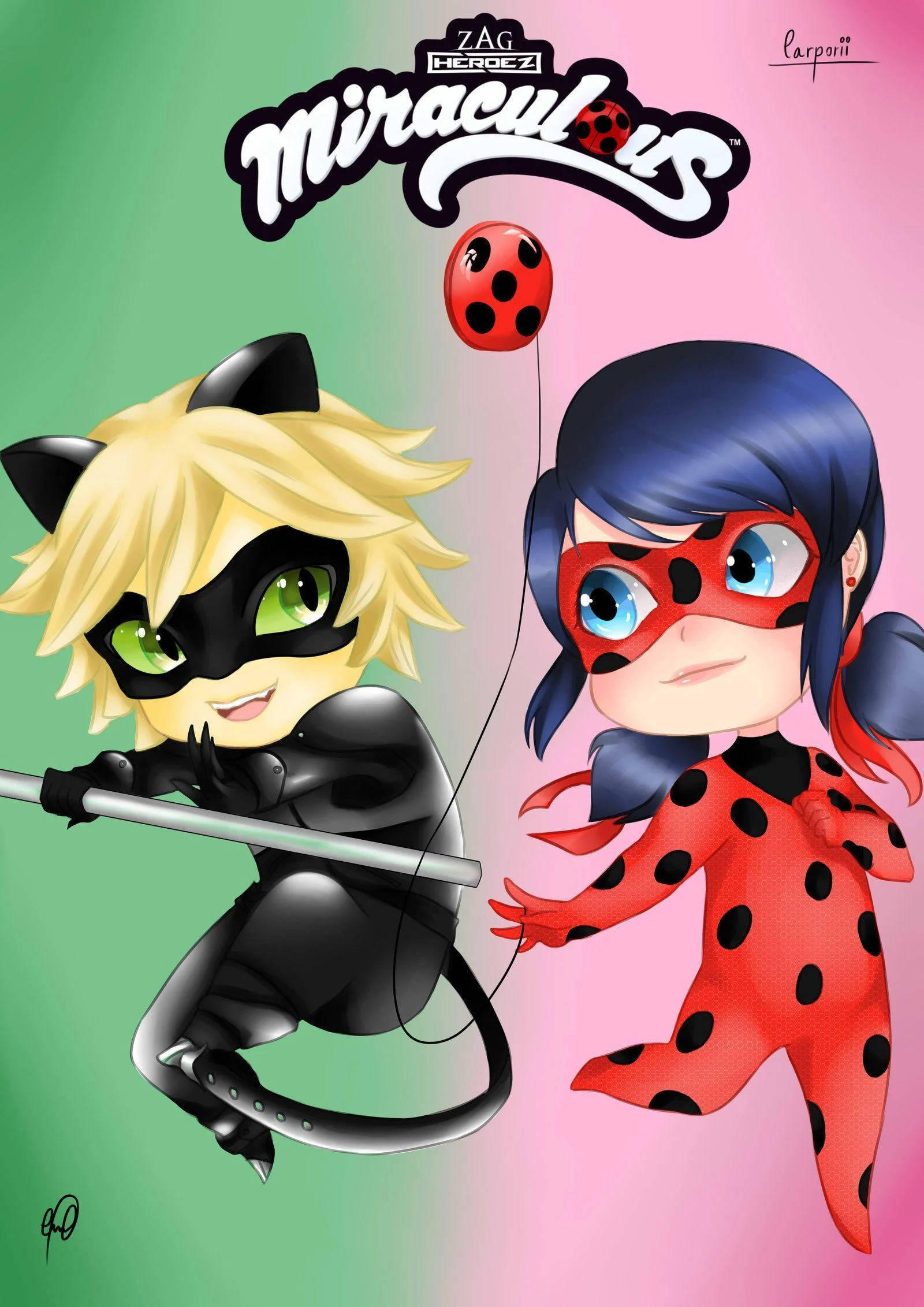 Ladybug en Cat Noir Soen Chibi-styl Muurpapier