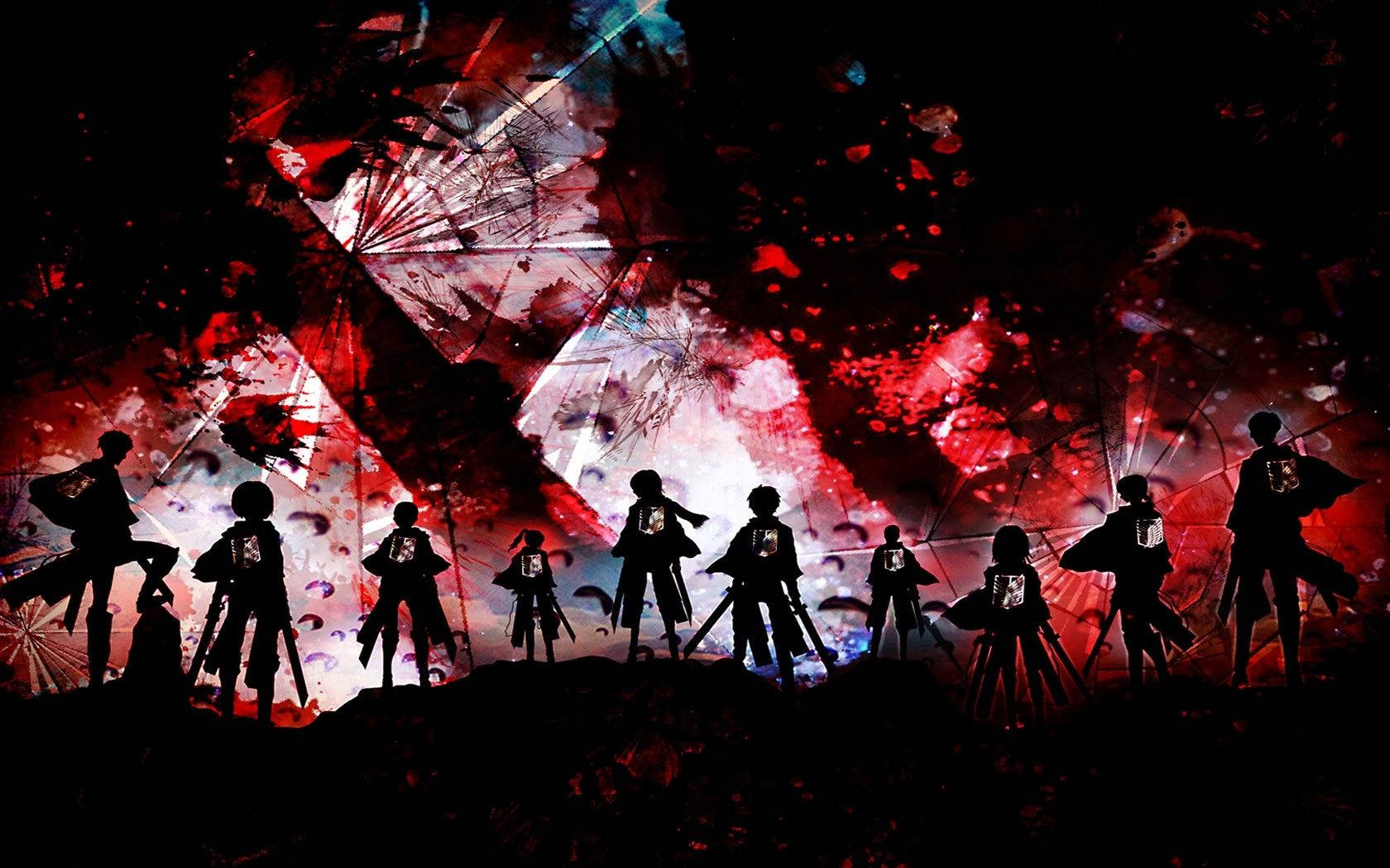 Silhoeët van die Verkenningskorps teen 'n bloedrooi agtergrond in Attack on Titan-aanhangerskuns-agtergrond. — Attack On Titan Muurpapier