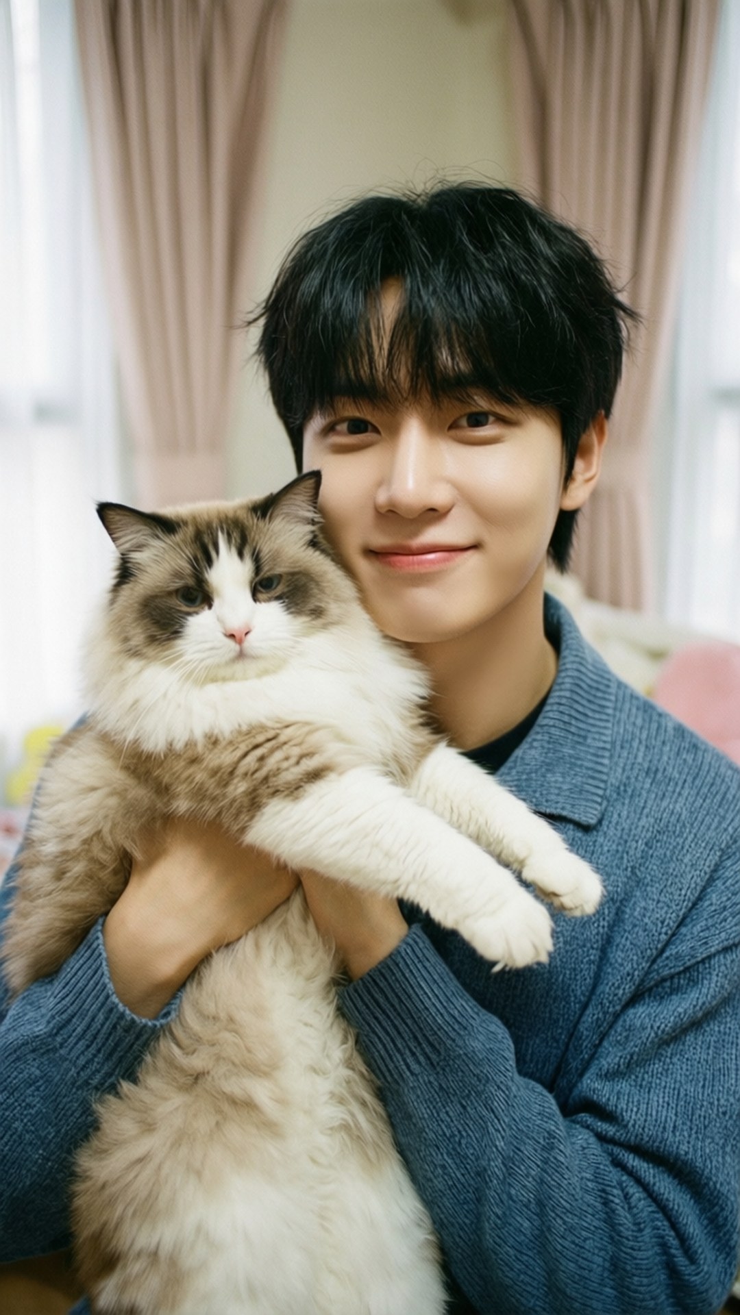 Lee Know van Stray Kids wat 'n kat knuffel, oulike oomblik — Stray Kids Muurpapier