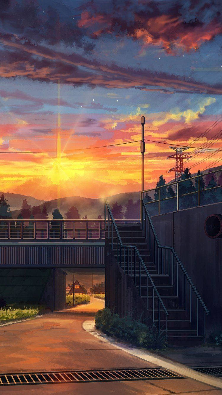 Leë Pad Brug Anime Estetiese Sonsondergang Muurpapier