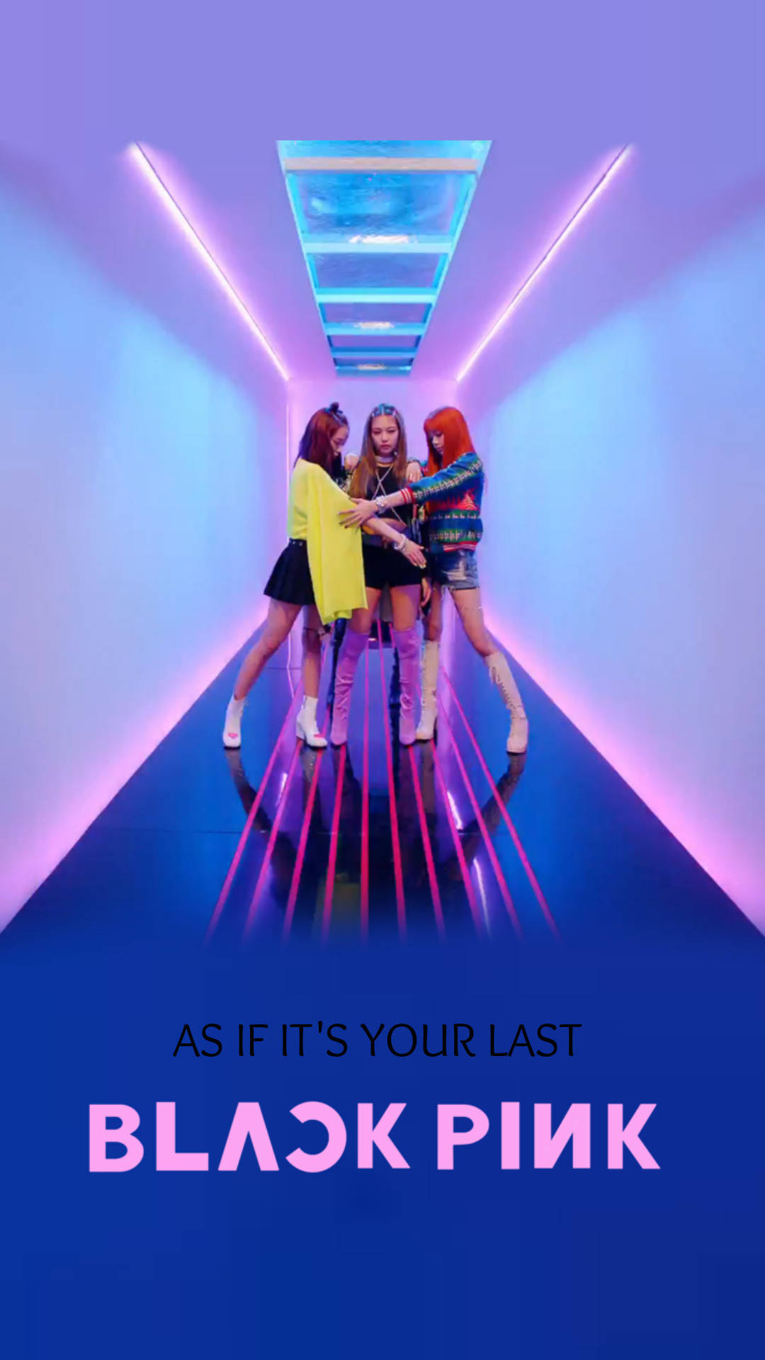 Blackpink-lede met neonligte en blou vloer vir As If It's Your Last MV-agtergrond