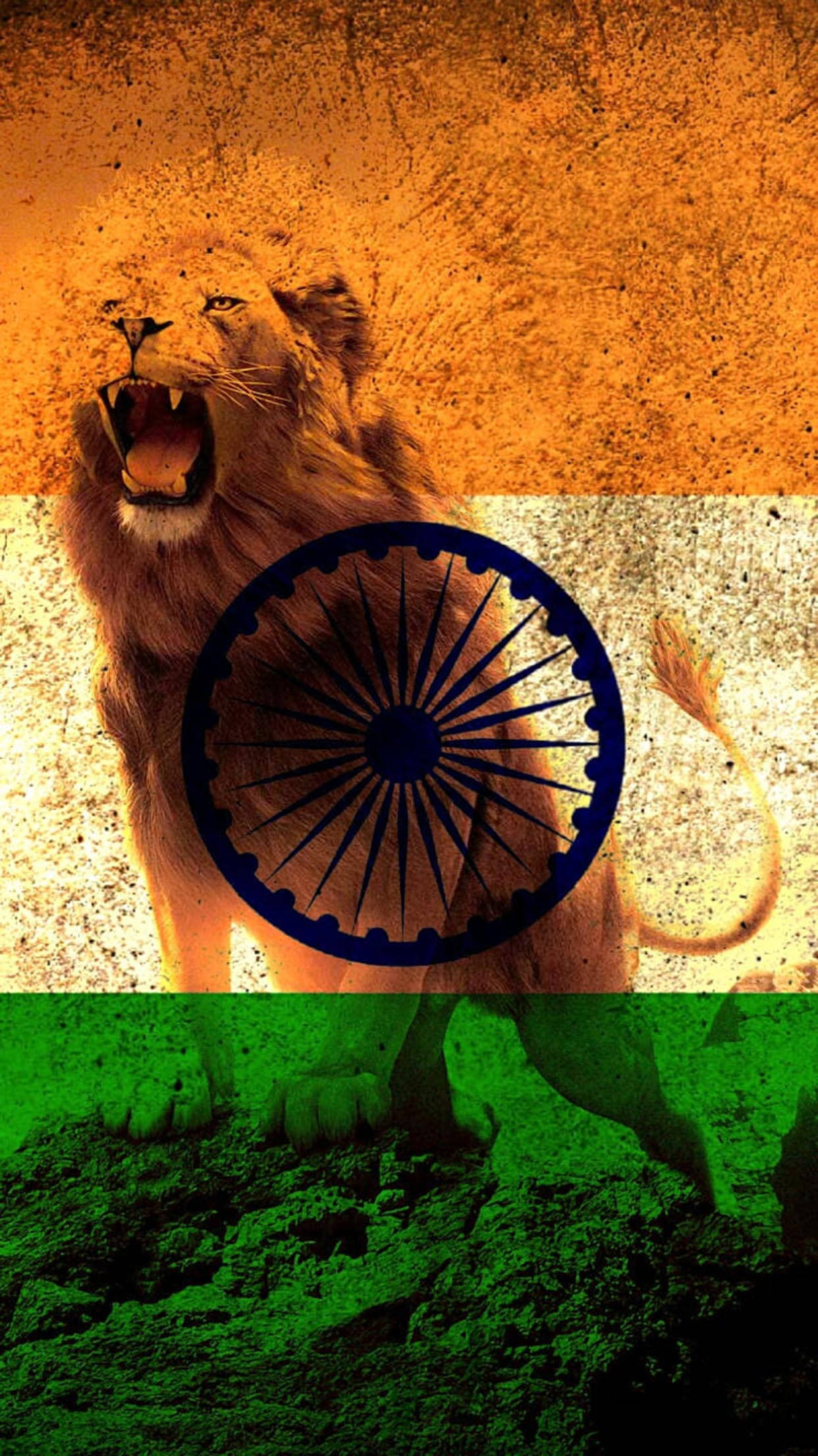 Leeu en Indiese Vlag Mobiel Muurpapier