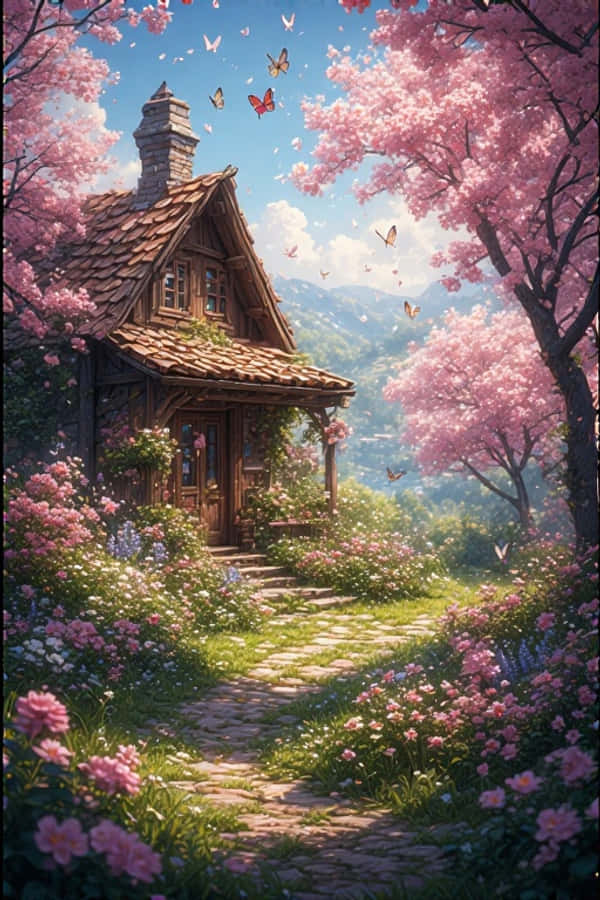 Lentehuisie met Blomtuin Vrolike Natuur 4K Muurpapier