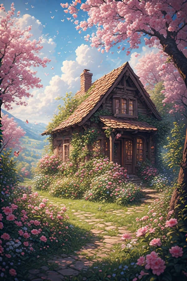 Lentehuisie met Blomtuin Vrolike Natuur 4K Muurpapier
