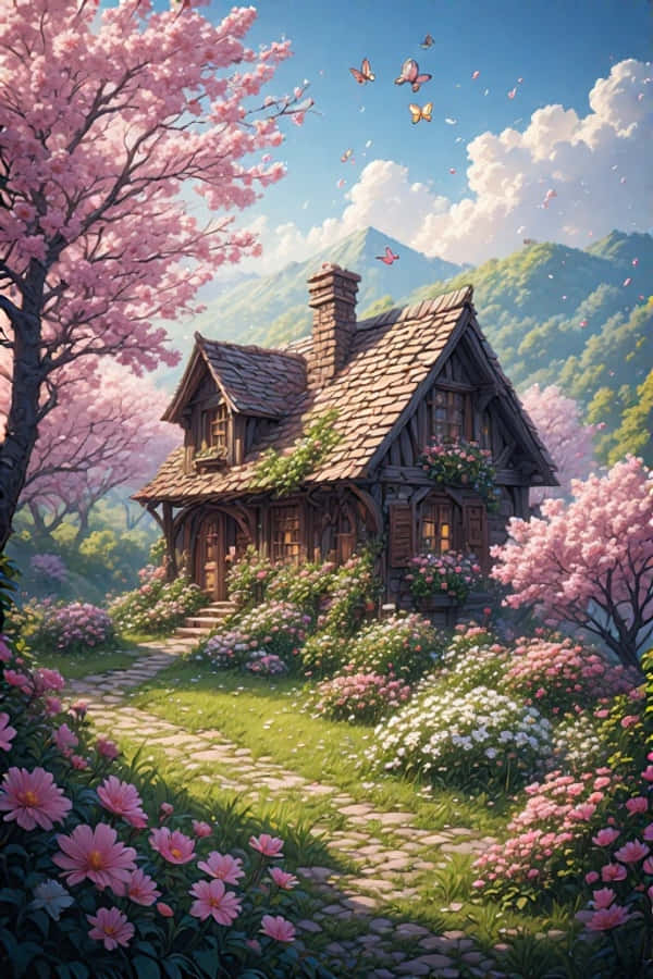 Lentehuisie met Blomtuin Vrolike Natuur 4K Muurpapier