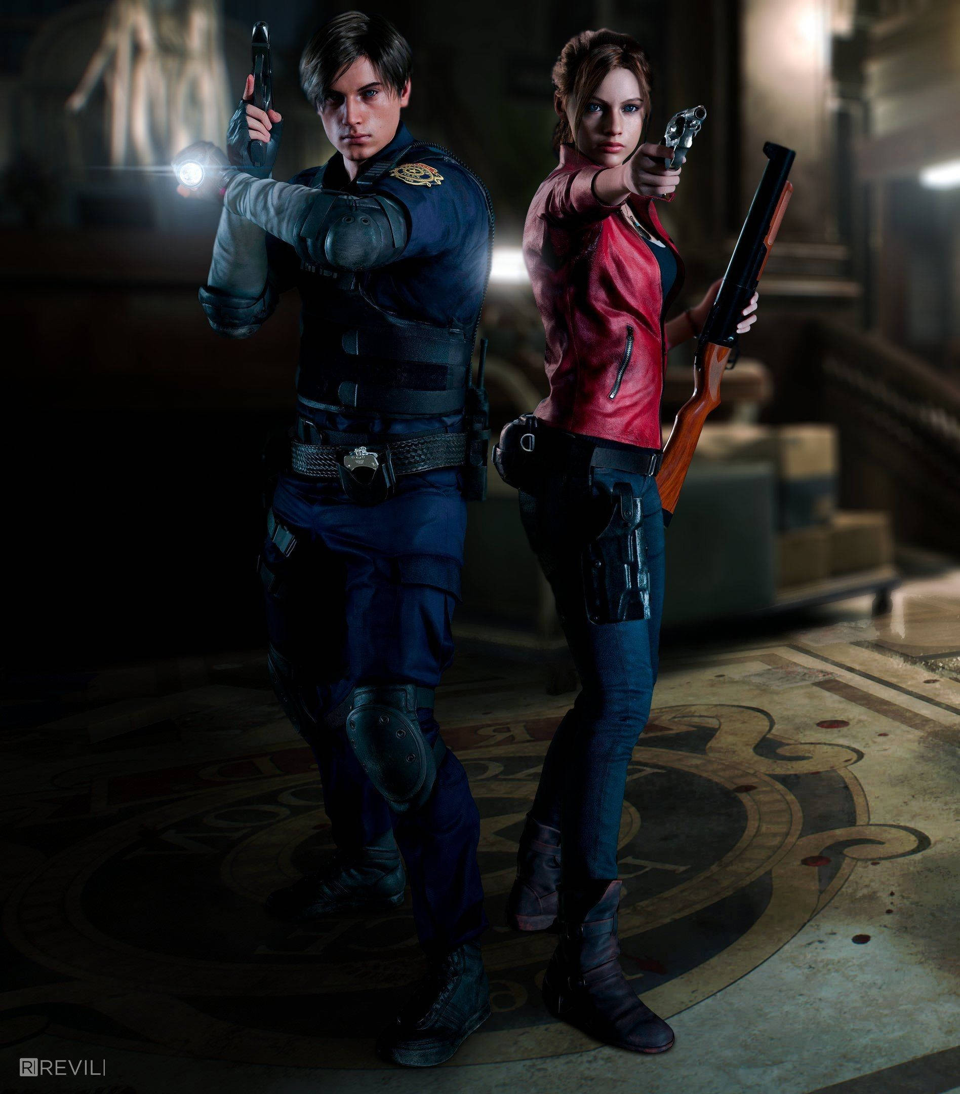 Leon en Claire veg hul pad deur die RPD in Resident Evil 2 Remake Muurpapier