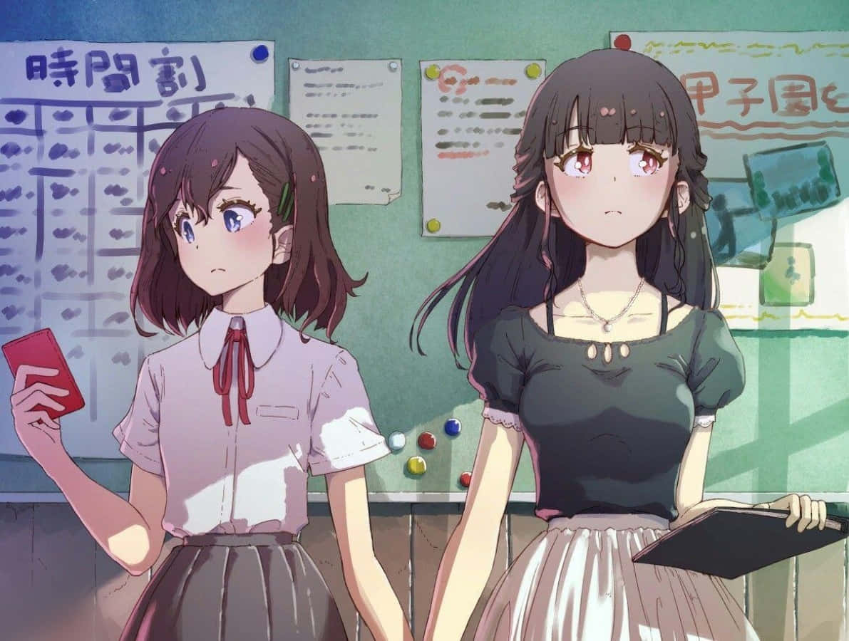 Lesbiese Anime Skoolmeisie in Klaskamer Muurpapier