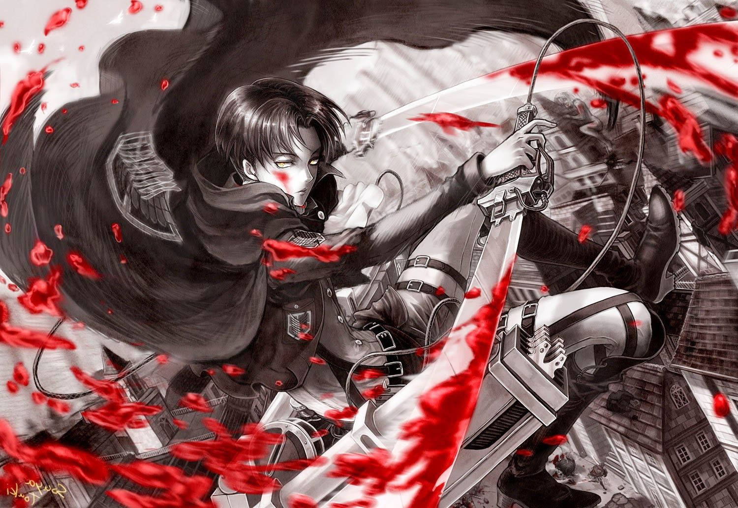 Squad Leader Captain Levi Ackerman in bloedbespatte Attack on Titan-aanhangerskuns-agtergrond. — Attack On Titan Muurpapier