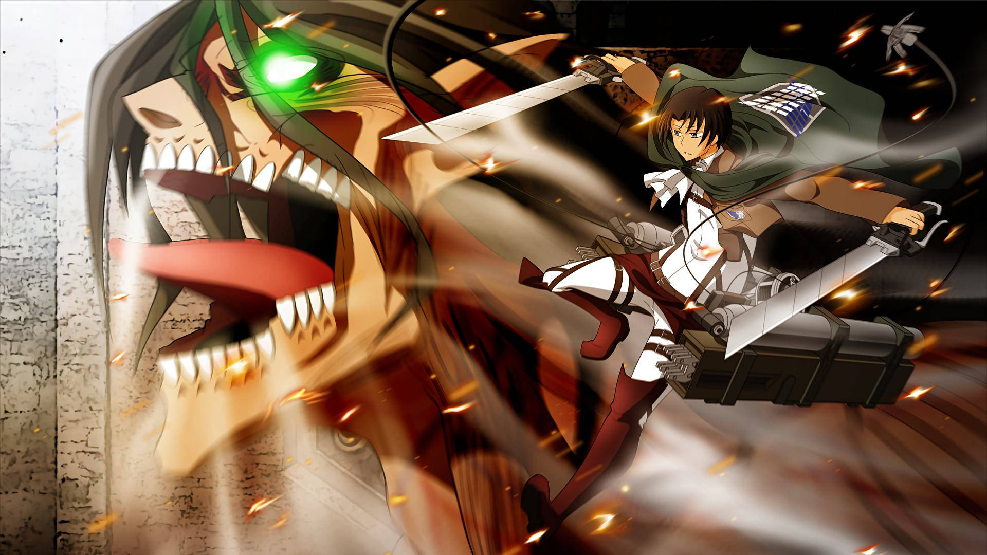 Levi vlieg met sy ODM-toerusting langs Eren se Aanval Titaan-vorm in Attack On Titan aanhanger-kuns-agtergrond. — Attack On Titan Muurpapier