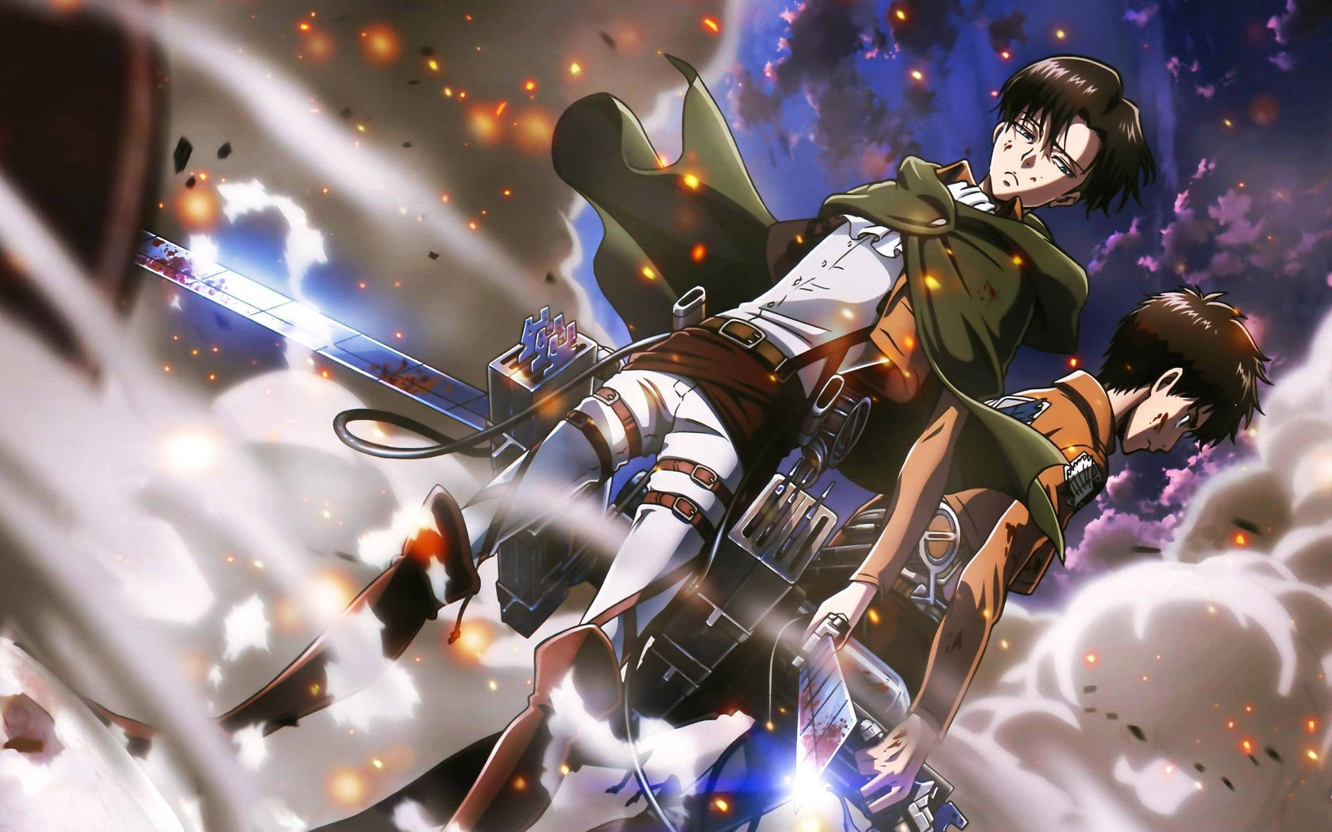 Levi en Eren in 'n teaser-beeld van Attack on Titan-agtergrond. — Attack On Titan Muurpapier