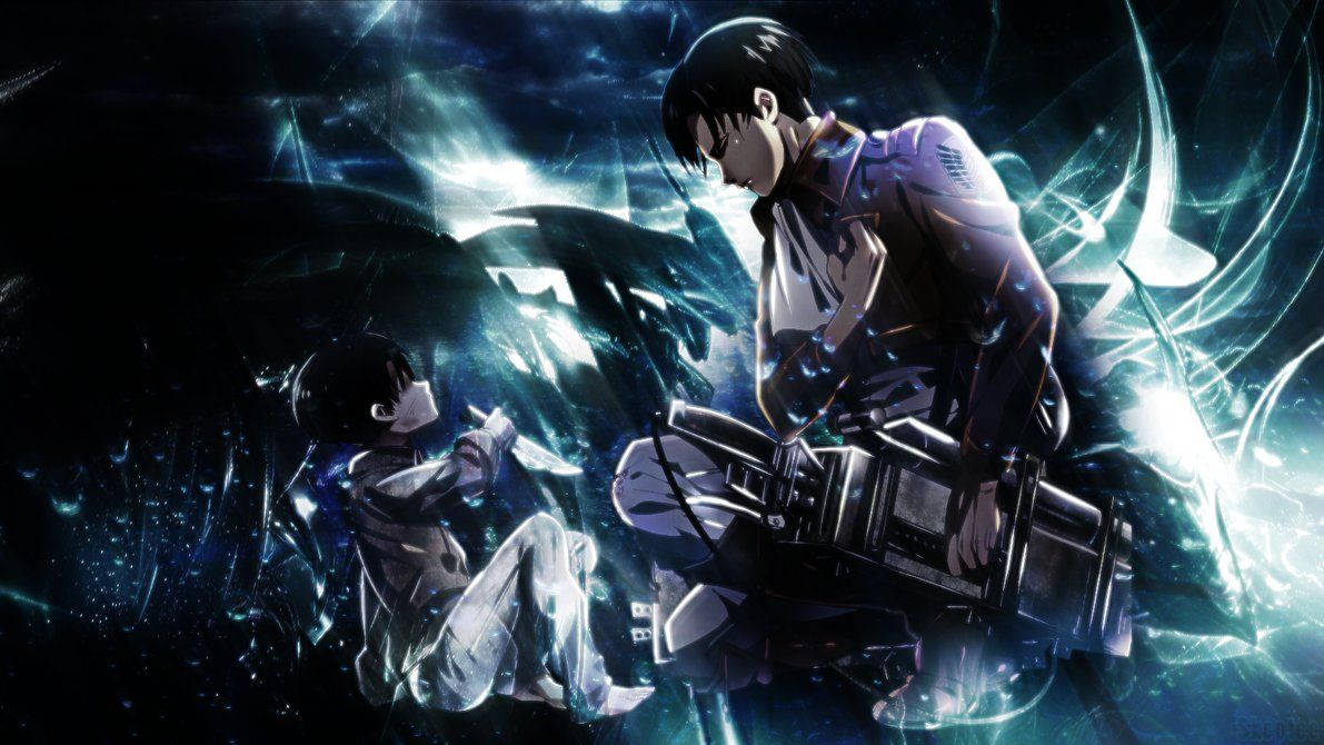 Attack on Titan-hurkende Levi wat na sy jonger self kyk-agtergrond. — Attack On Titan Muurpapier