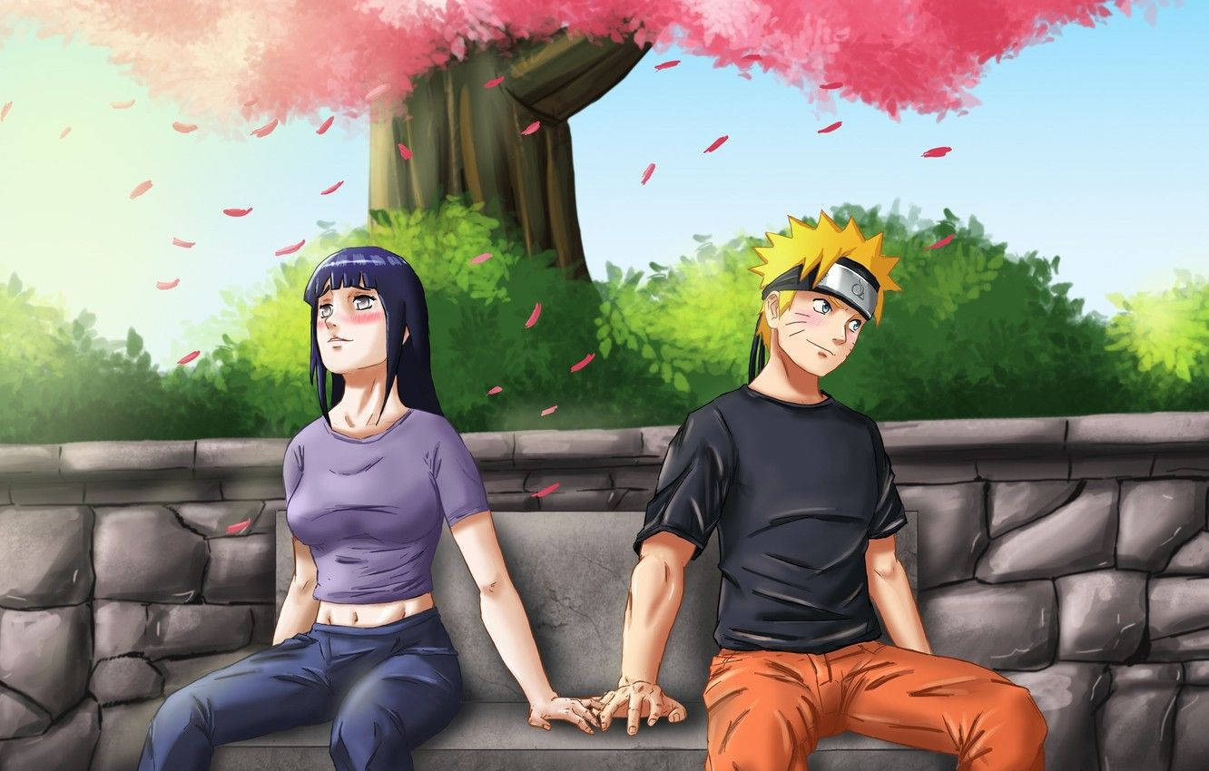 Lewende Naruto en Hinata Onder Kersiebloeisels Muurpapier