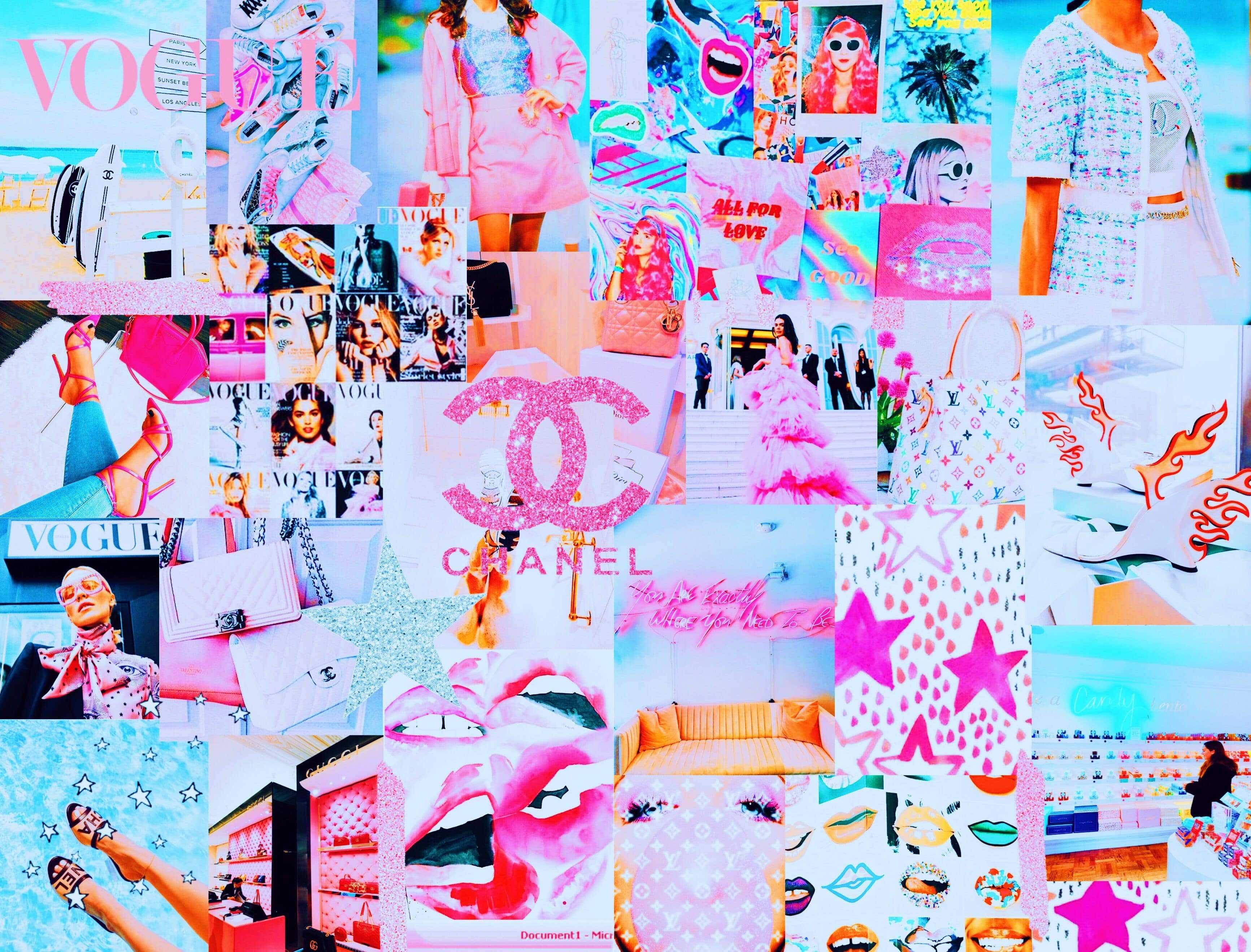Lewendige Pienk en Blou Preppy PFP Collage Muurpapier