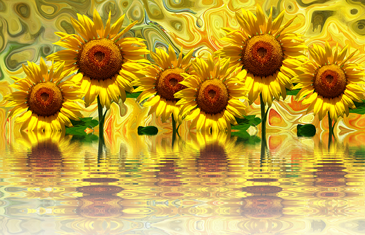 Lewendige Sonneblomme Refleksie Kuns Muurpapier