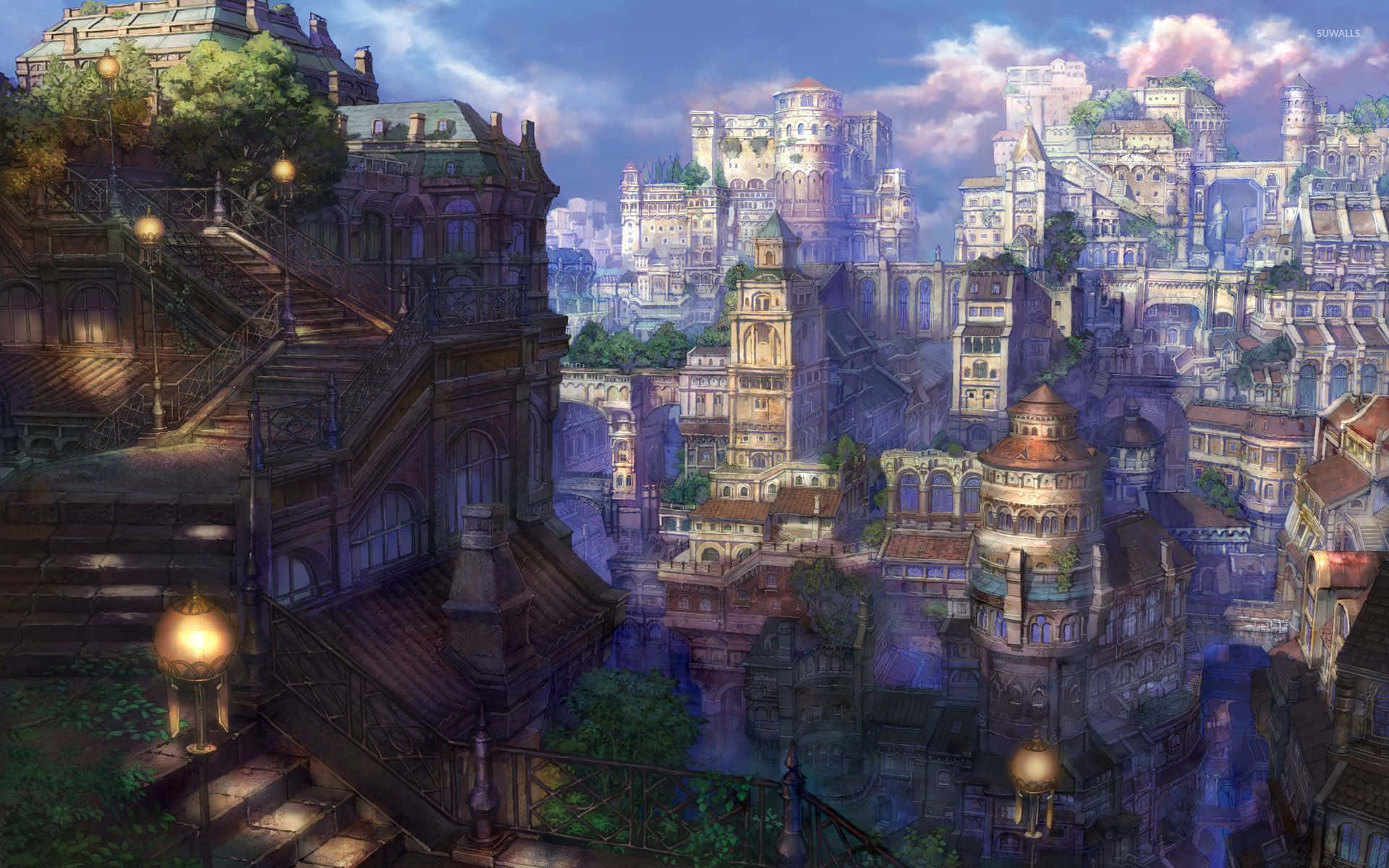 Lewendige Stadshorison van Pragtige Anime Stad Muurpapier