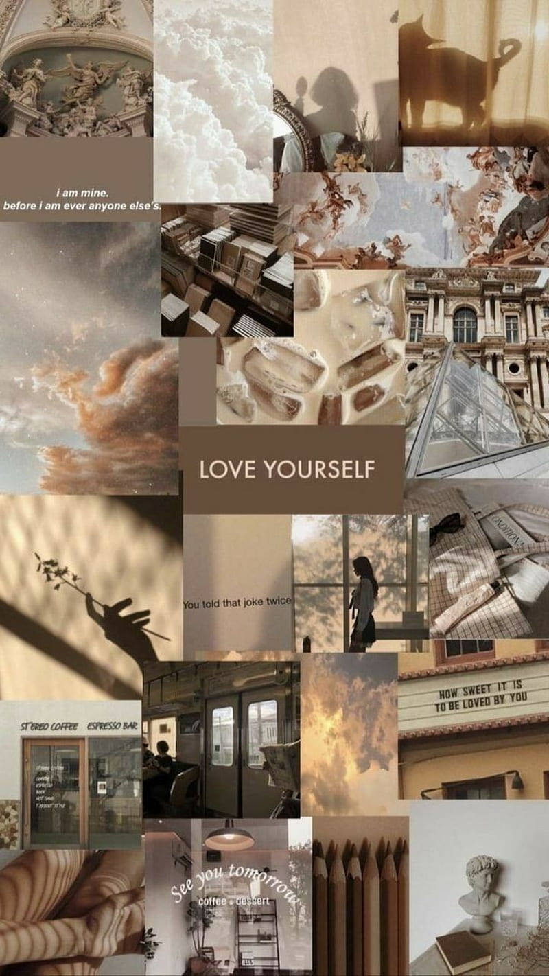 Lief Vir Jouself Beige Estetiese Collage Muurpapier