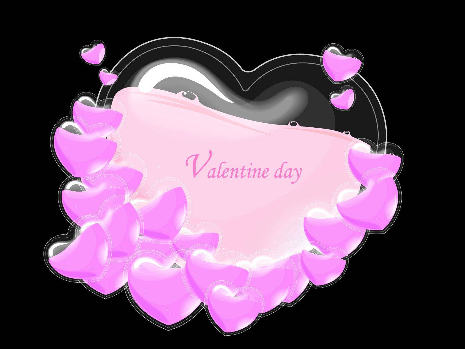 Pienk vloeistof gevulde klein liefdesharte en groot liefdesharte met pienk teks wat sê "Valentynsdag" op swart agtergrond.