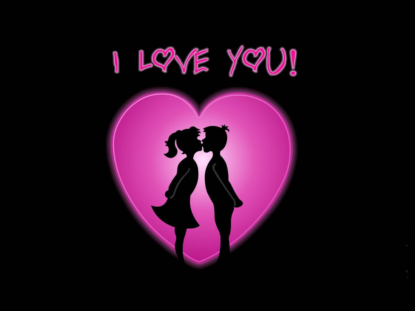 Silhoeët van soenende paartjie binne-in 'n pienk hart met teks wat sê "Ek is Lief vir Jou!" bo hulle op swart agtergrond. Soenende geliefdes op Valentynsdag.