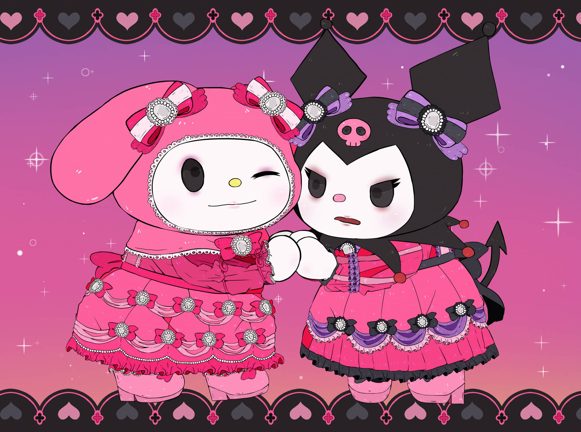 My Melody Kuromi in Pienk Rokke — Sanrio GIF Muurpapier