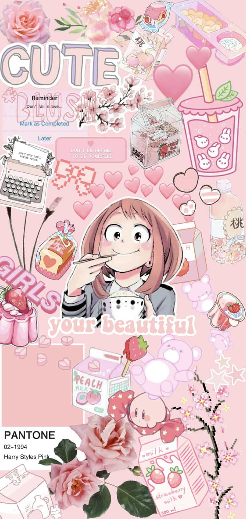 Lieflike Pienk Uraraka Estetiese Collage Muurpapier