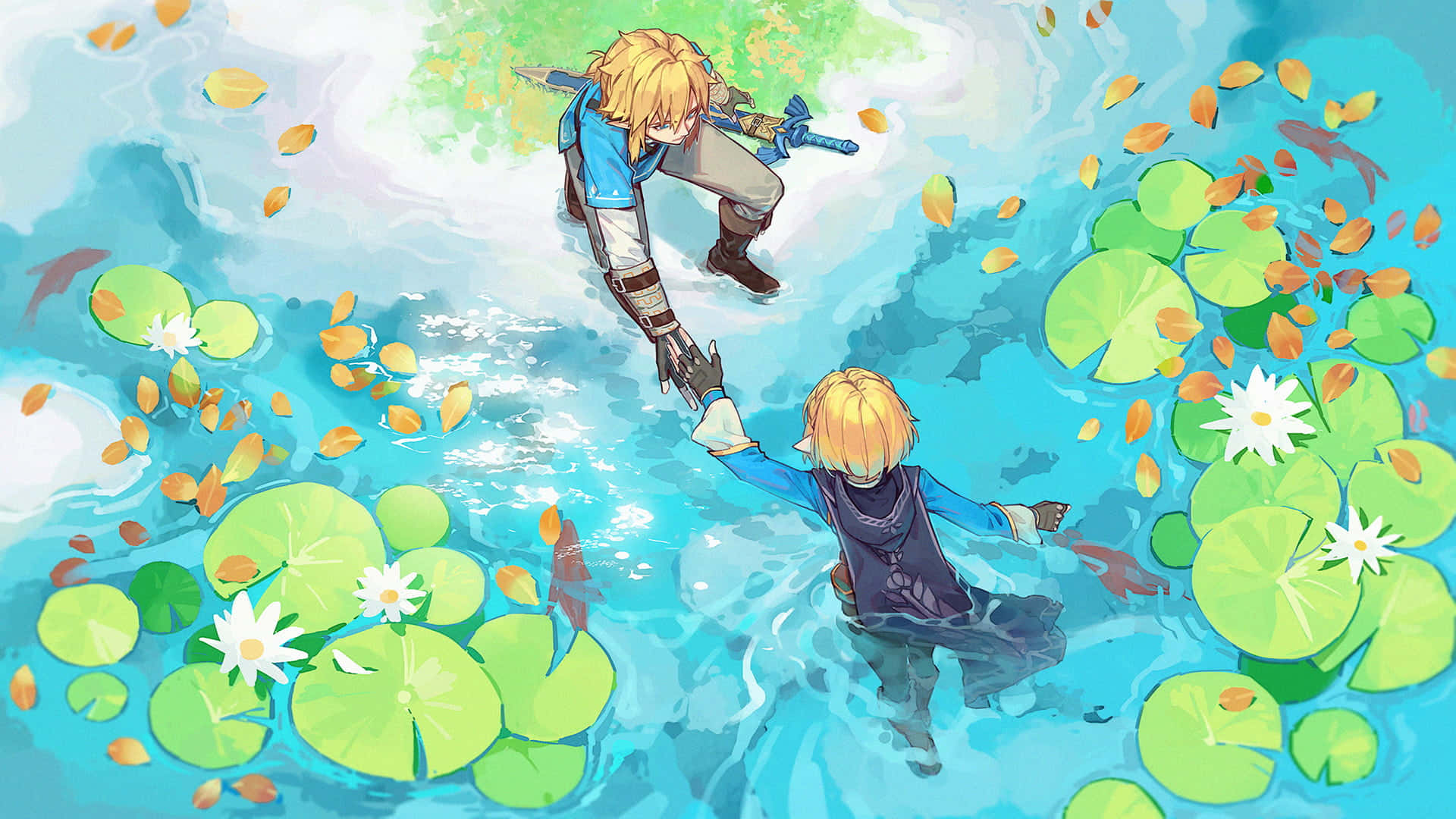 Link, die Held van die Winde, in sy Avonture in The Legend of Zelda. Muurpapier